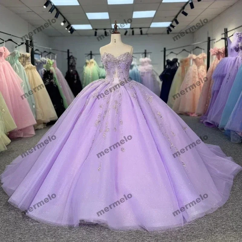 Lilac Sweet 16 Ball Gown Quinnceanera Dresses Sparkly Tulle Beading