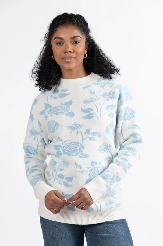 Feeling Like Love Ivory and Blue Floral Crew Neck Sweater FINAL SALE