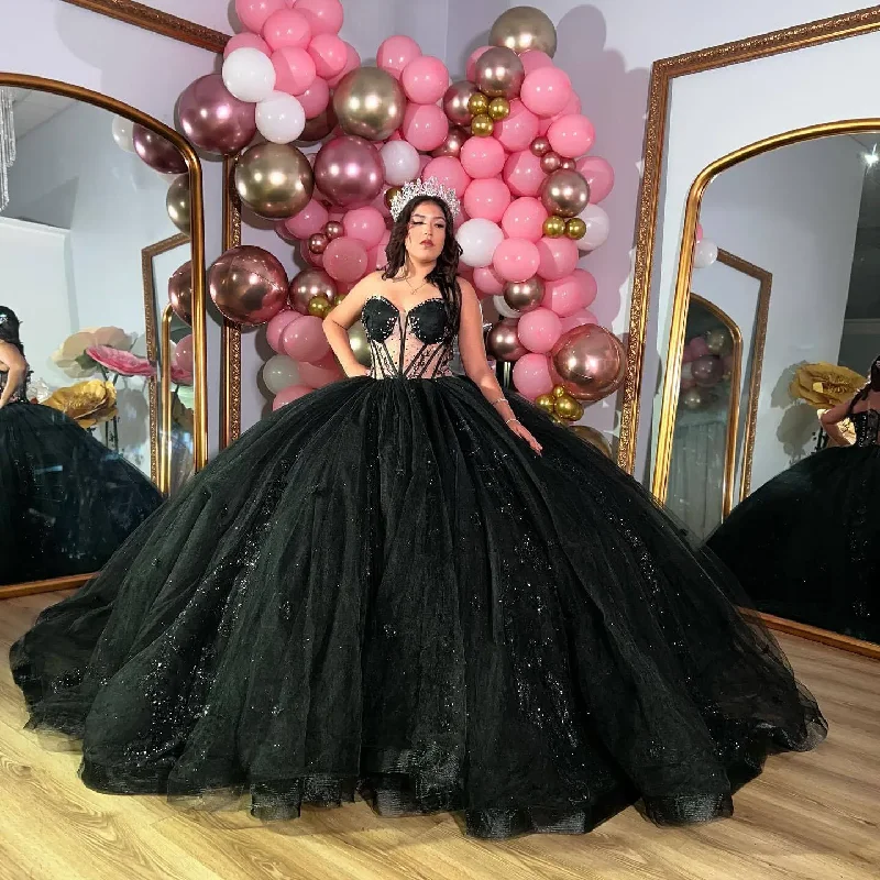 Sparkly Black Quincenara Dresses Sweetheart 2024 Appliqued Beads Sweet 16 Prom Gowns Pageant Dress Vestido XV Años