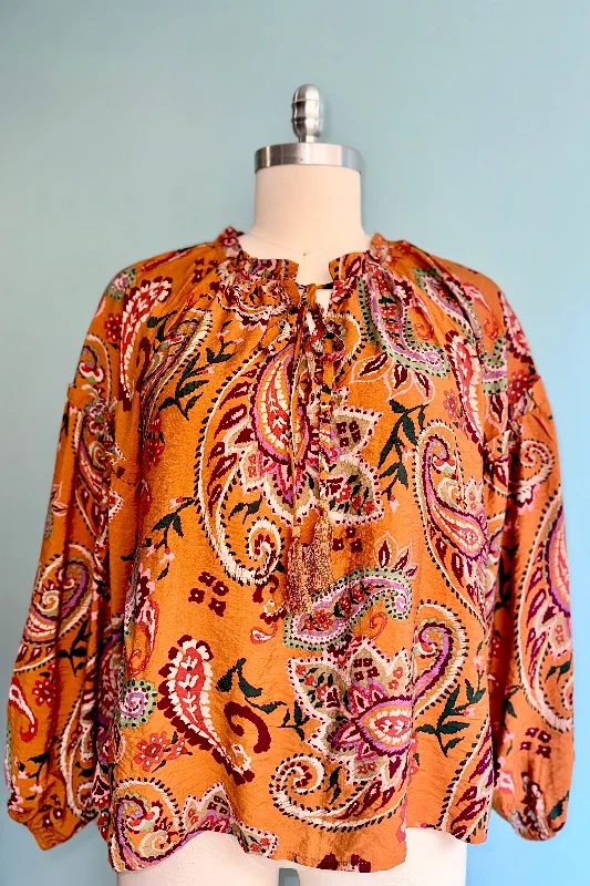 Toffee Paisley Print Long Sleeve Top