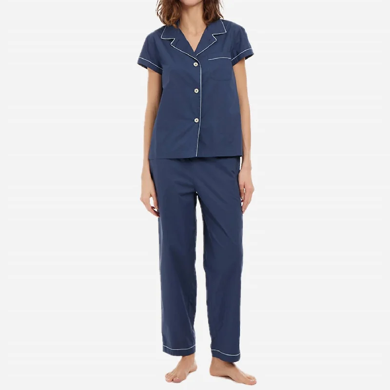 Organic Cotton Poplin Short Sleeve Long Pajama Set In Navy