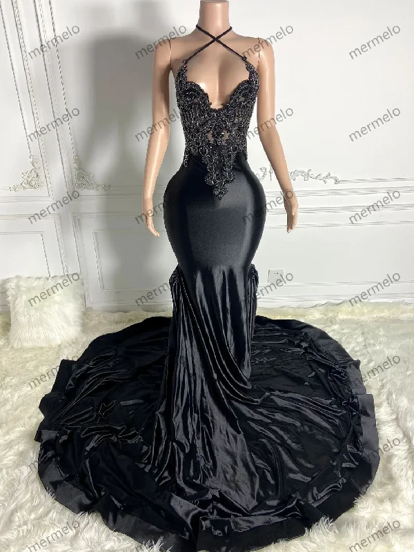 Mermaid Halter Crystals American African Evening Gowns Birthday Party