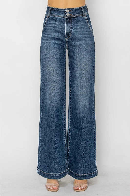 High Rise Double Button Wide Leg Jeans by Risen Jeans