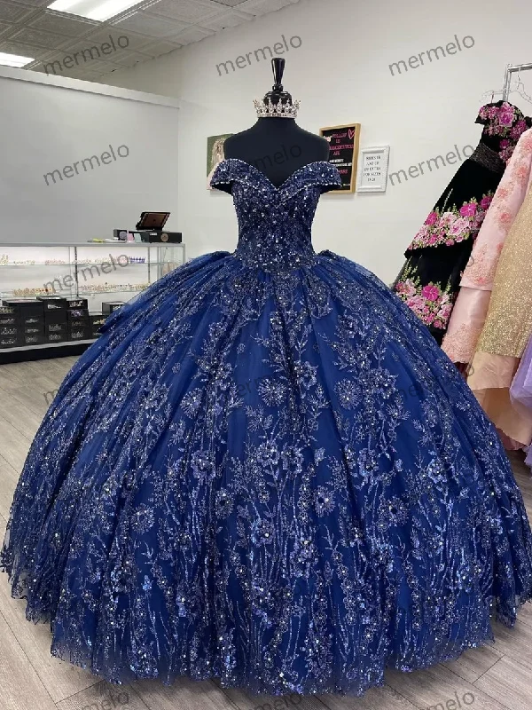 Navy Blue Off Shoulder Quinceanera Dresses Sweetheart Applique Ball Gown