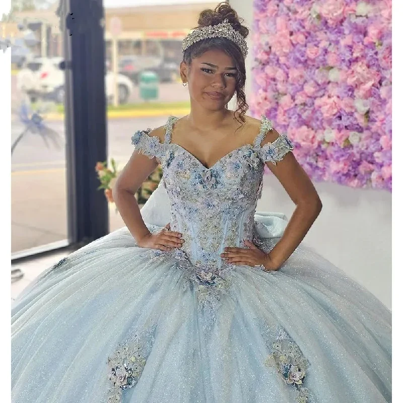 Sky Blue Quinceanera Dresses Ball Gown Floral Sweet 16 Dress Lace Appliques Off Shoulder