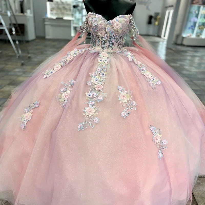 Mexico Pink Ball Gown Quinceanera Dress Beaded Appliques Lace Tull Birthday Party Gowns Sweet 16 15 Prom Vestido xv Robe De Ball