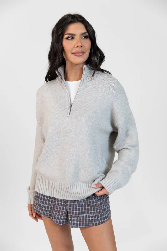 Roll With It Heather Grey Solid Quarter Zip Sweater FINAL SALE