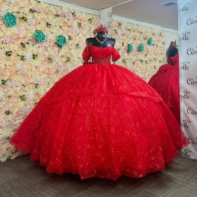 Sweet 16 Quinceanera Dresses Red Shiny Off The Shoulder Appliques Lace Beads Tulle