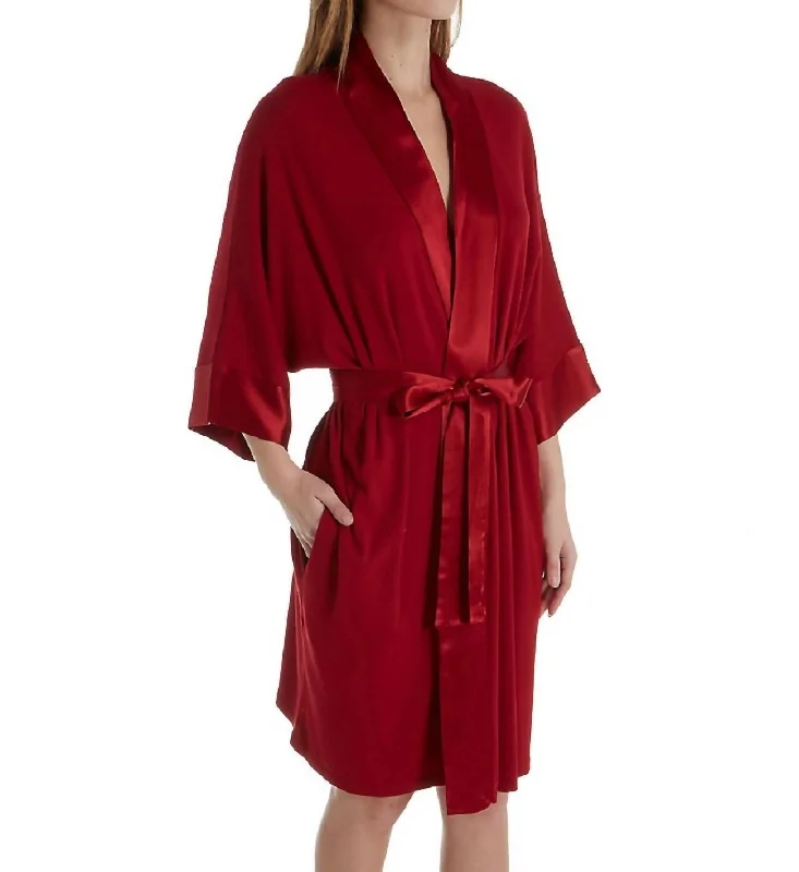 Shala  Knit Robe With Pockets And Satin Trim In Red