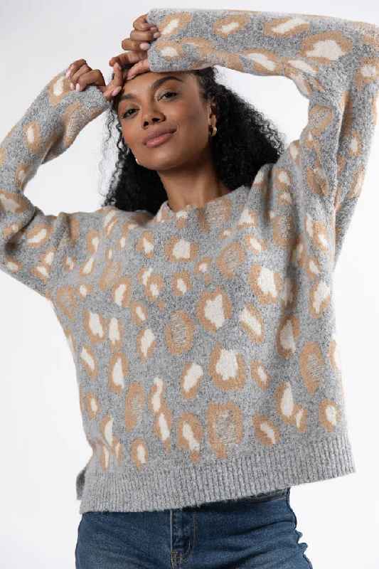 Reach Out Grey Leopard V-neck Sweater FINAL SALE