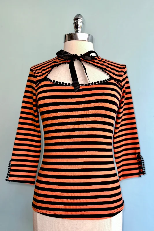 Black and Orange Striped Cut-Out Neck Top