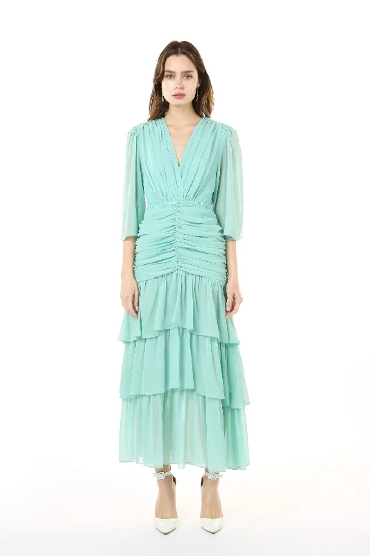 V Neck Tiered Flounce Chiffon Tea Length Dress