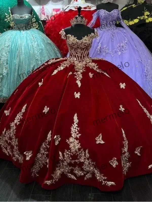 Luxury Satin Quinceanera Dresses With Cape Gold Beading Butterfly Lace