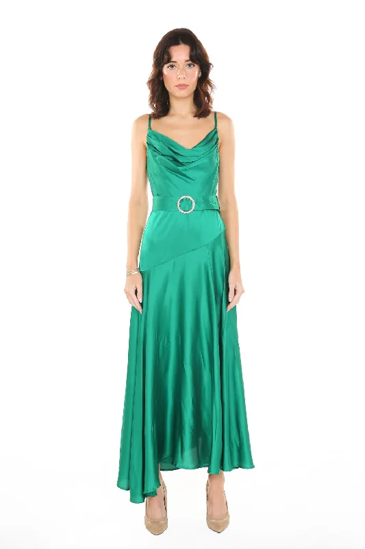 Pleated Cowl Neck Spaghetti Strap Satin Dress