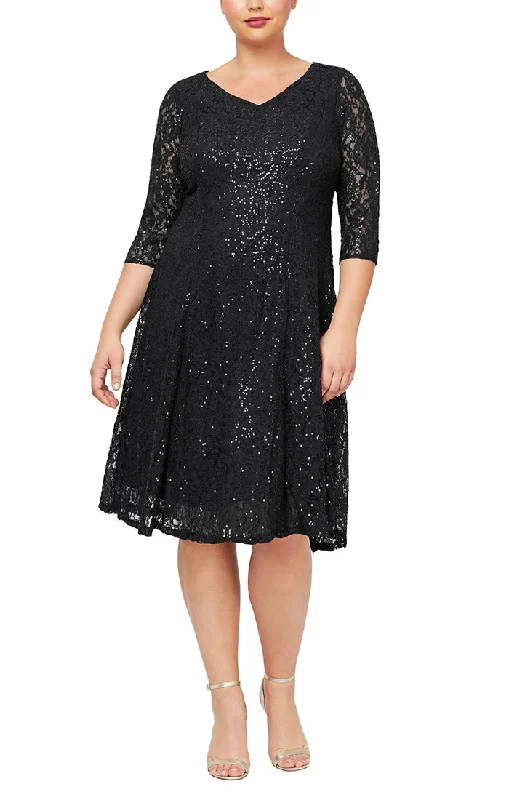 SL Fashions 9419144 Plus Size Sequin Lace Tea Length Dress