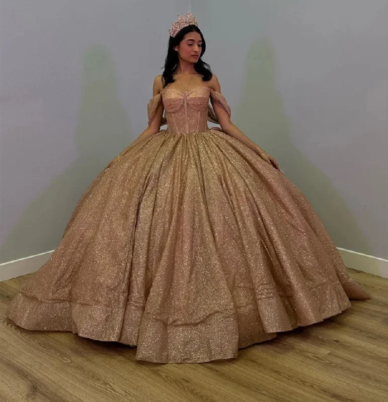 Sparkly Rose Gold 2024 Luxury Ball Gown Quinceanera Dresses Glitter Off Shoulder Sweet 16 Dress Vestido De 15 Anos Lace-Up