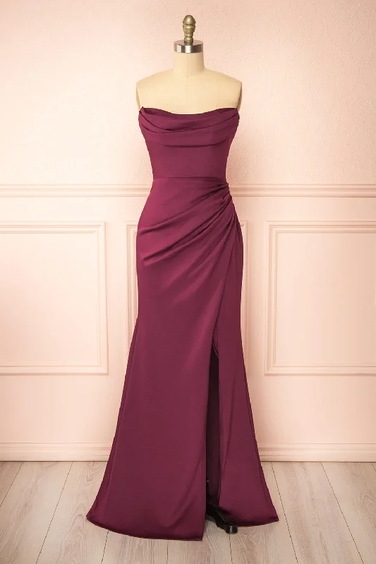 Ailsa Burgundy | Strapless Gown w/ High Slit