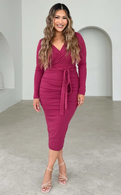 Aston Long Sleeve Midi Dress - Plum