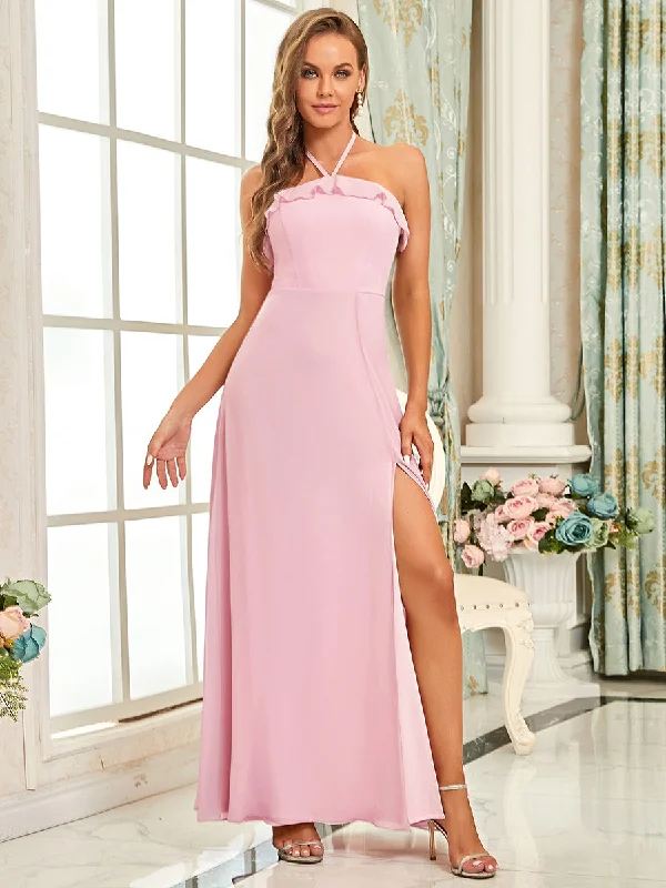 Simple Halter Neck Sleeveless A Line Wholesale Bridesmaid Dresses