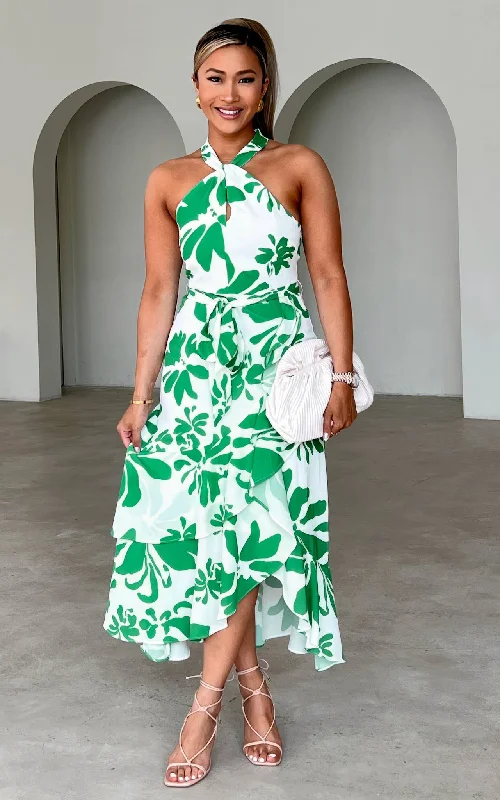 Lucetta Midi Dress - White Green Print