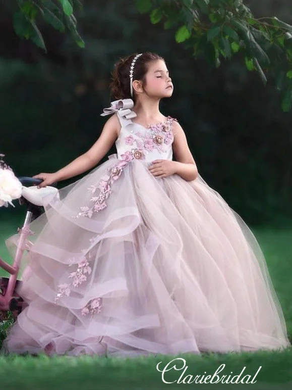 Lovely Long Tulle Satin Appliques Beaded Flower Girl Dresses