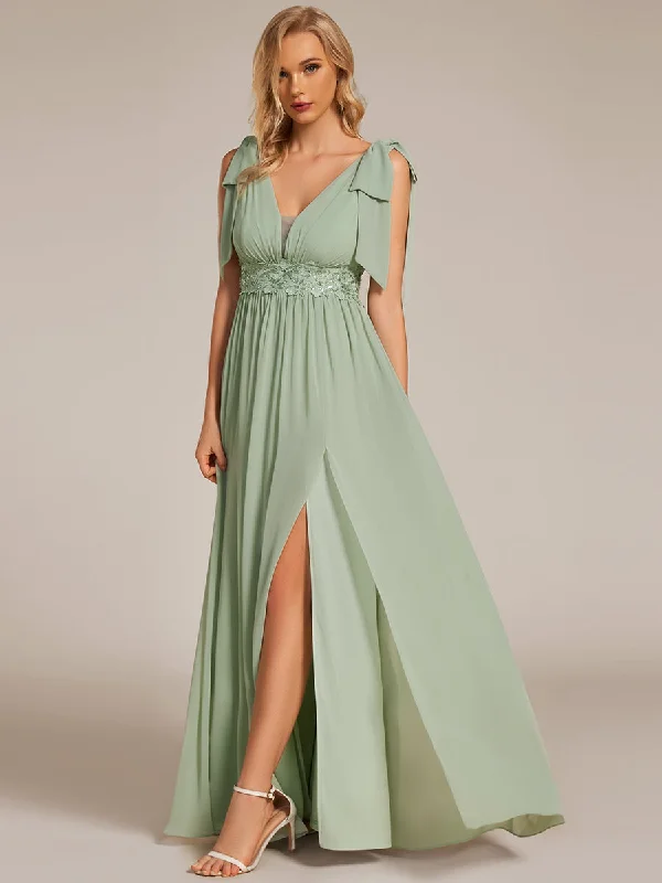 Elegant Bowknot Sleeveless Side Split Floor Length Chiffon Bridesmaid Dresses