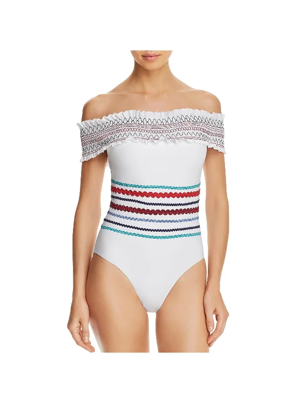 Womens Smocked Off Shoulder One-Piece Swimsuit