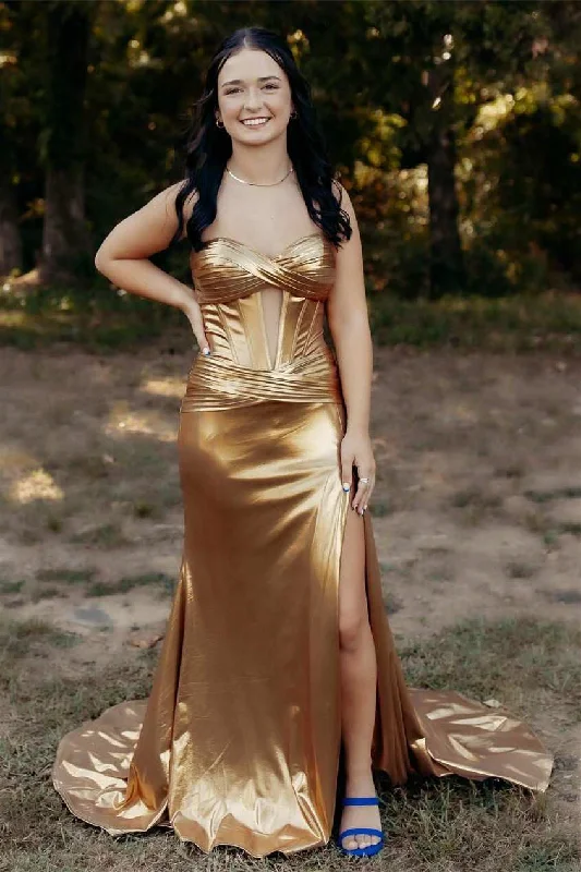 Sweetheart Long Mermaid Metalic Gold Prom Dresses With Side Slit, Newest 2025 Prom Dresses