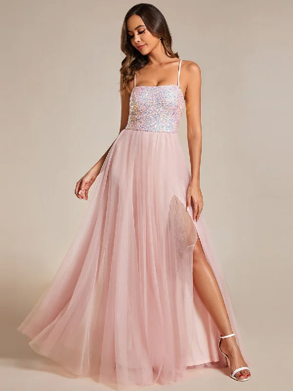 Sequin Tulle Spaghetti Strap High Split Wholesale Bridesmaid Dress