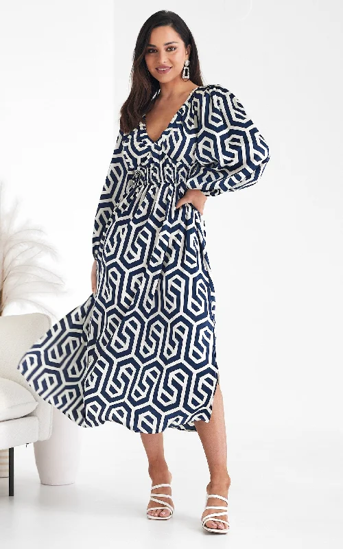 Ember Midi Dress - Blue Cream Geometric Print