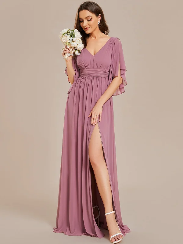 V Neck Pleated Belt Wholesale Chiffon Bridesmaid Dresses