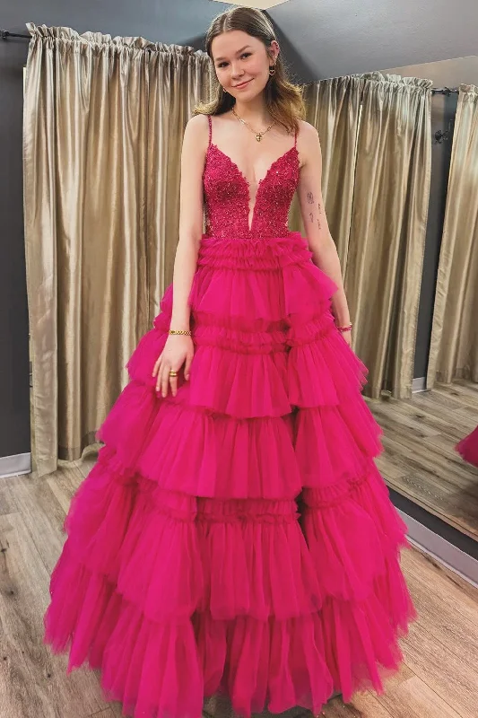 Spaghetti Strap V-Neck Sleeveless Ruffle Tiered Tulle Long Ball Gown