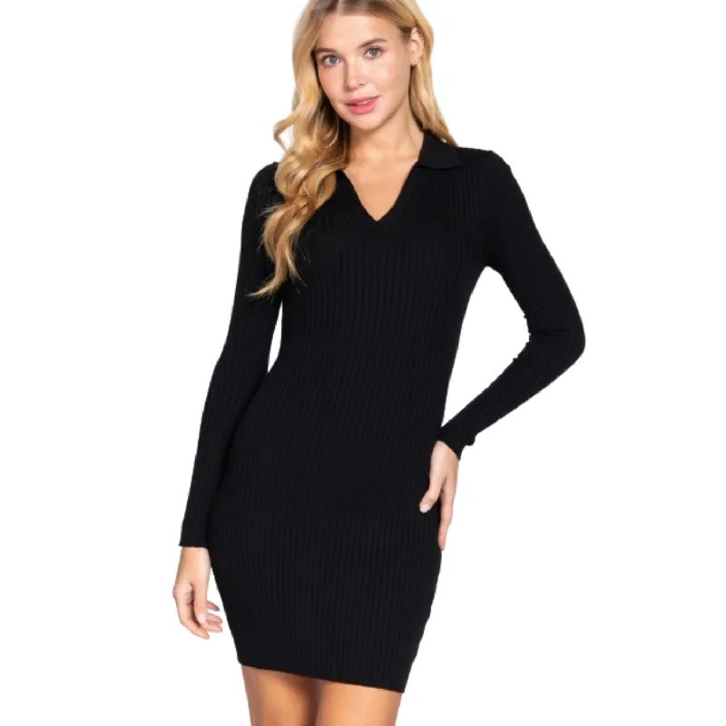 Long Sleeve V-neck Sweater Rib Mini Dress