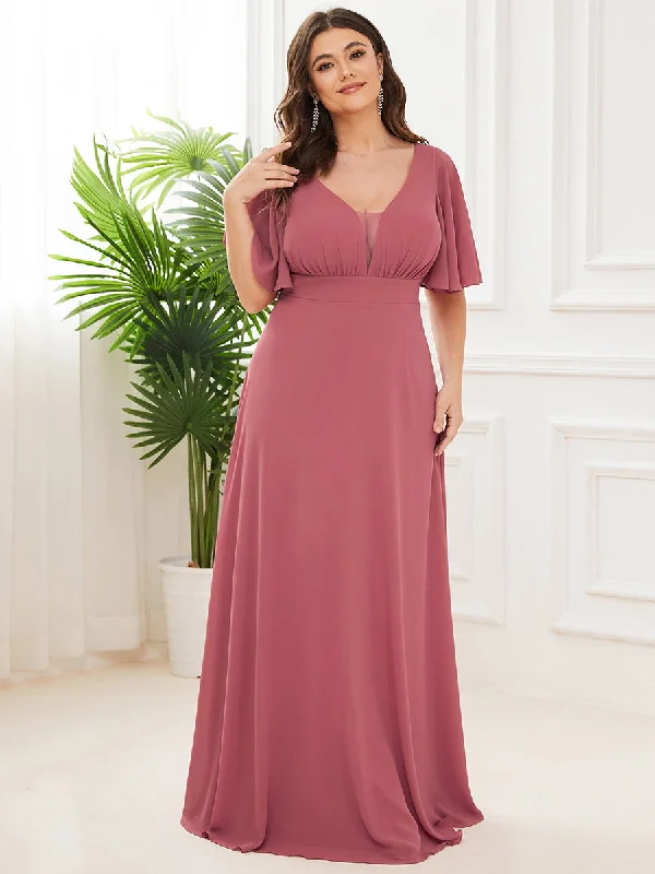 Plus Size Deep V Neck Short Ruffles Sleeves A Line Wholesale Bridesmaid Dresses