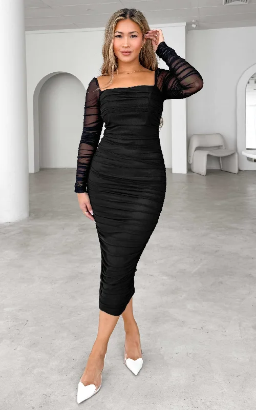 Lovick Mesh Midi Dress - Black