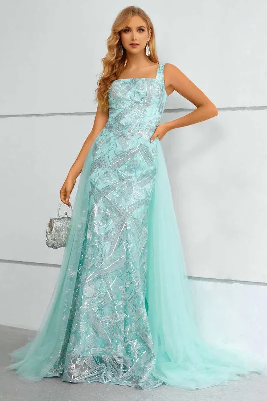 Aqua Square Neck Mermaid Long Prom Dress with Attached Train