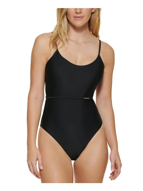 Womens Solid Over The Shoulder One-Piece Swimsuit