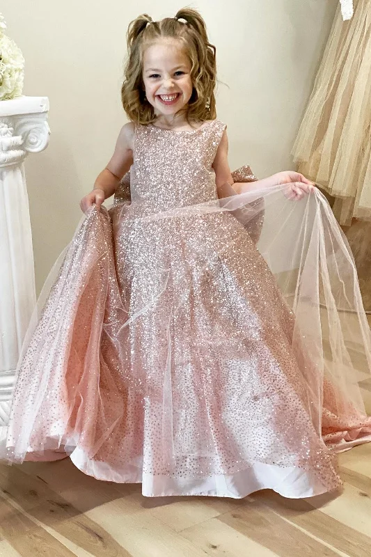 Glitter Rose Gold Bow Back Long Flower Girl Dress