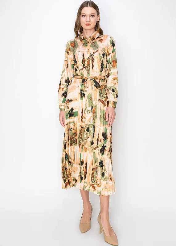 Sunset Abstract Pleated Midi Dress