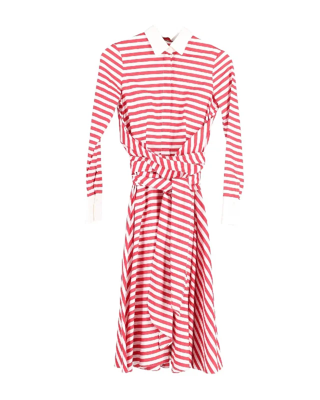 Carolina Herrera Collared Striped Belted Midi Dress in Red and White Cotton