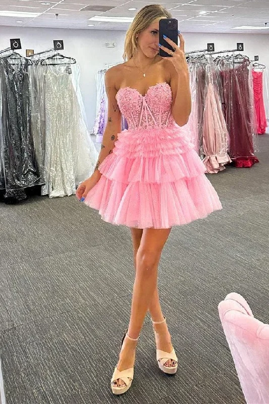 Strapless Tulle Sweetheart Tiered A-Line Short Homecoming Dress with Ruffles