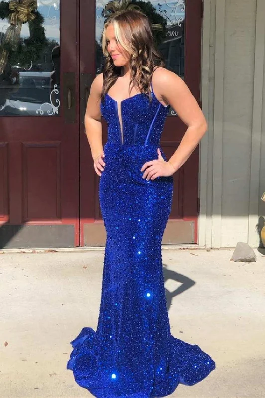 Blue Sequin Split Neck Mermaid Long Prom Dress