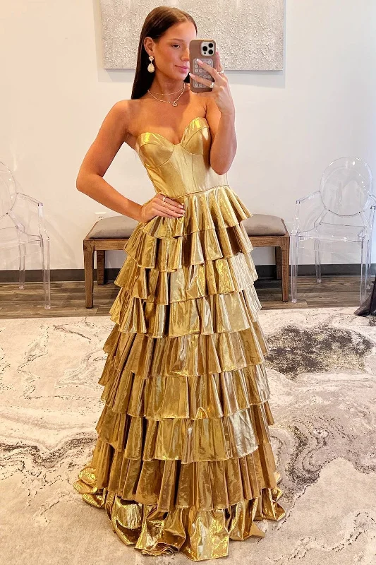 A-Line Metallic Empire-Waist Sweetheart Ruffle Tiered Long Prom Dress