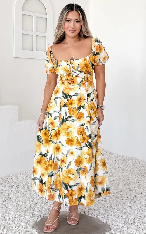 Kiaya Midi Dress - Yellow Floral