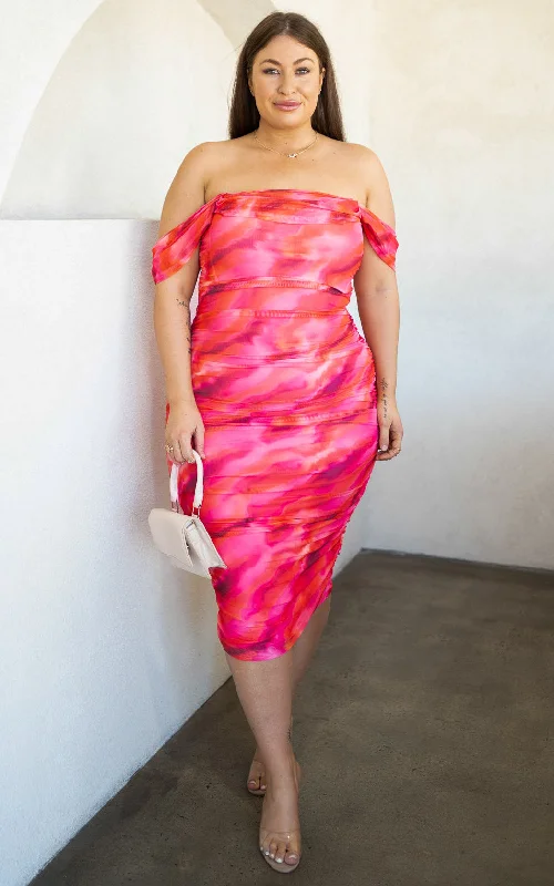 Pandora Mesh Midi Dress - Pink Orange Print