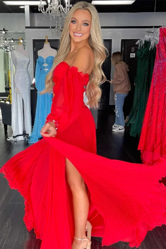 Sweetheart Long A-line Red Pleated Chiffon Prom Dresses With Detachable Sleeves, 2025 Prom Dresses