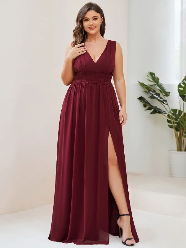 Plus Sleeveless Deep V Neck Thigh High Split Wholesale Bridesmaid Dresses