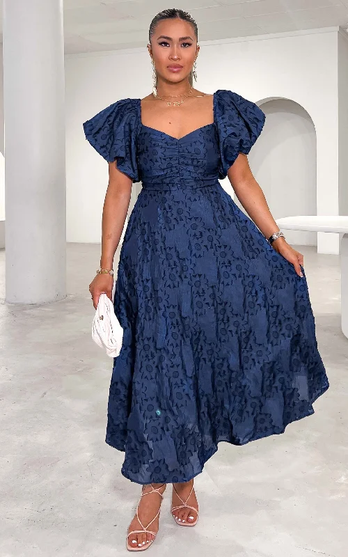 Rhea Midi Dress - Navy Floral Texture