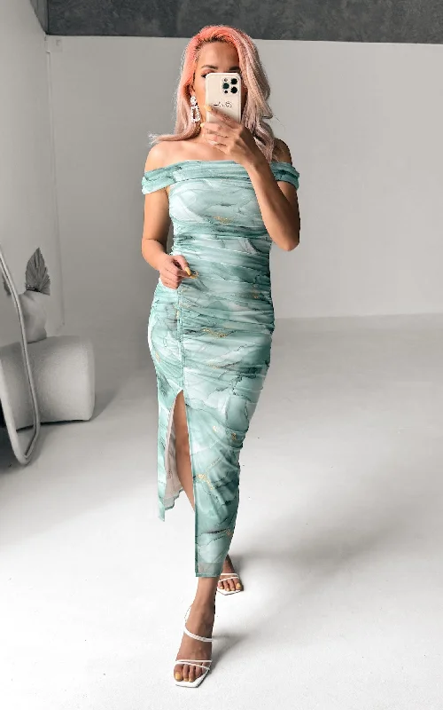 Elka Mesh Midi Dress - Green Gold Marble Print