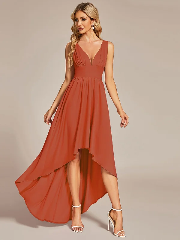 High Low Deep V Neck Sleeveless Wholesale Bridesmaid Dresses